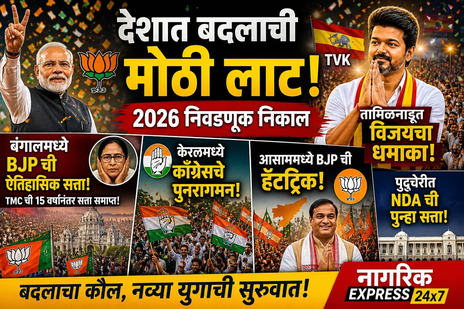 बंगालमध्ये BJPची ऐतिहासिक सत्ता, तामिळनाडूत विजयचा धडाकेबाज प्रवेश, केरळमध्ये काँग्रेसची पुनरागमन