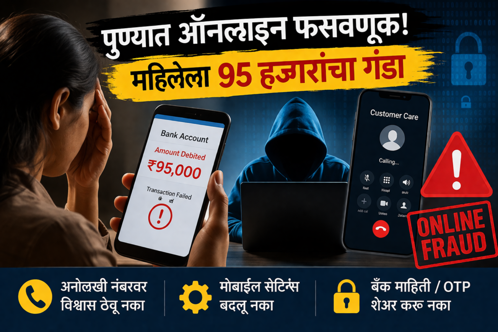 पुण्यात ऑनलाइन फसवणूक; ग्राहक सेवा सांगून महिलेला 95 हजारांचा गंडा